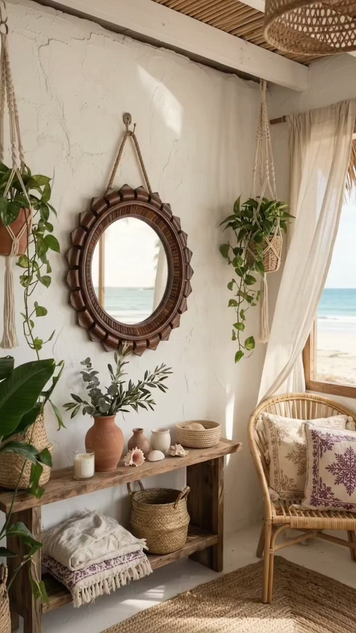 Handcrafted Sheesham Wood Round Sunburst Wall Mirror | Boho Decor