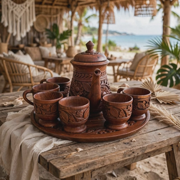 Hand-Carved Wooden Tea Set - 6 Cups, Kettle & Tray | Serving Set