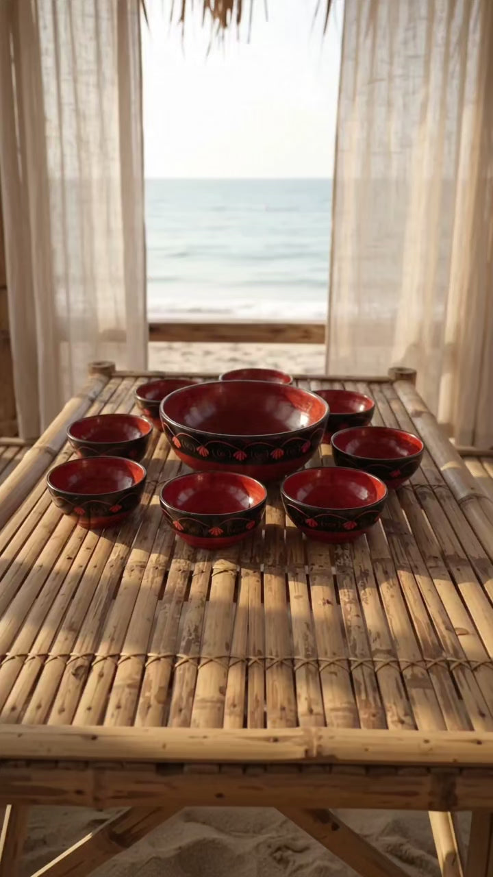 Red & Black Handmade Wooden Bowl Set - 7 Pcs