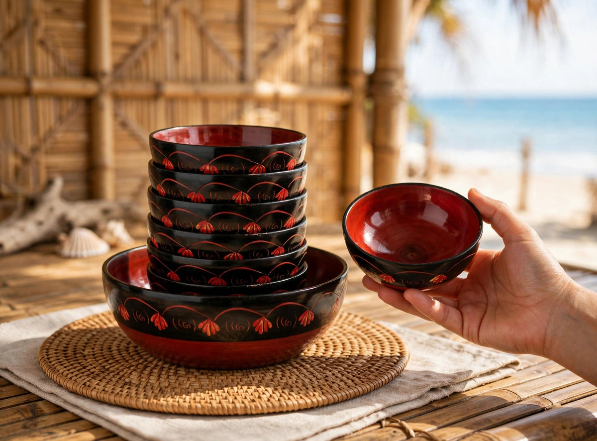 Red & Black Handmade Wooden Bowl Set - 7 Pcs