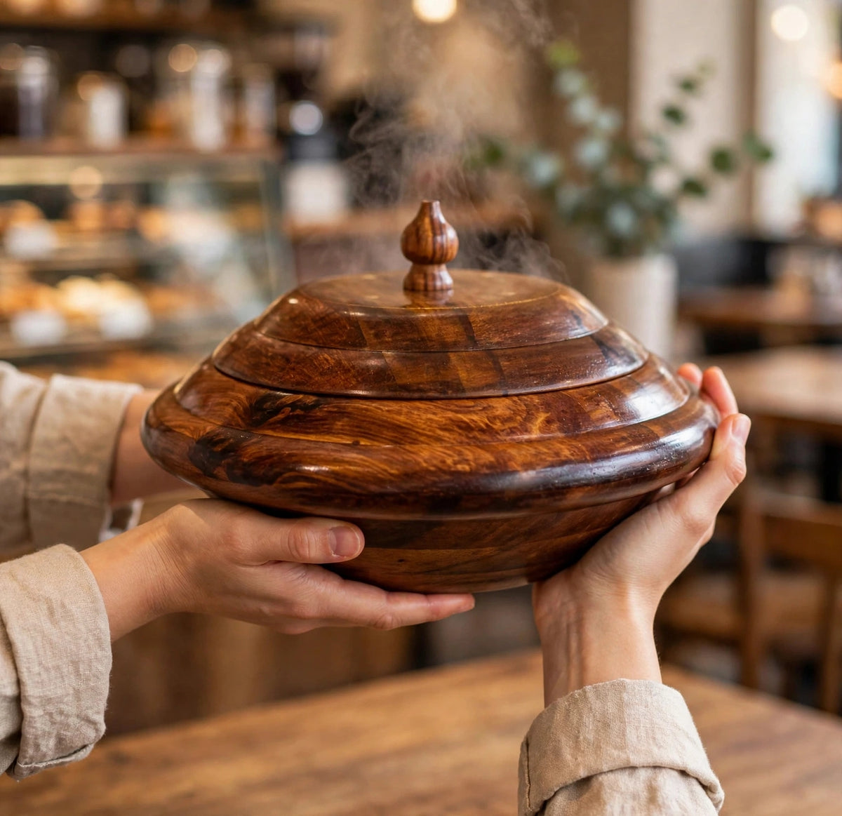 Coastal Noir - Handcrafted Wooden Hot Pot with Lid | Serving Casserole