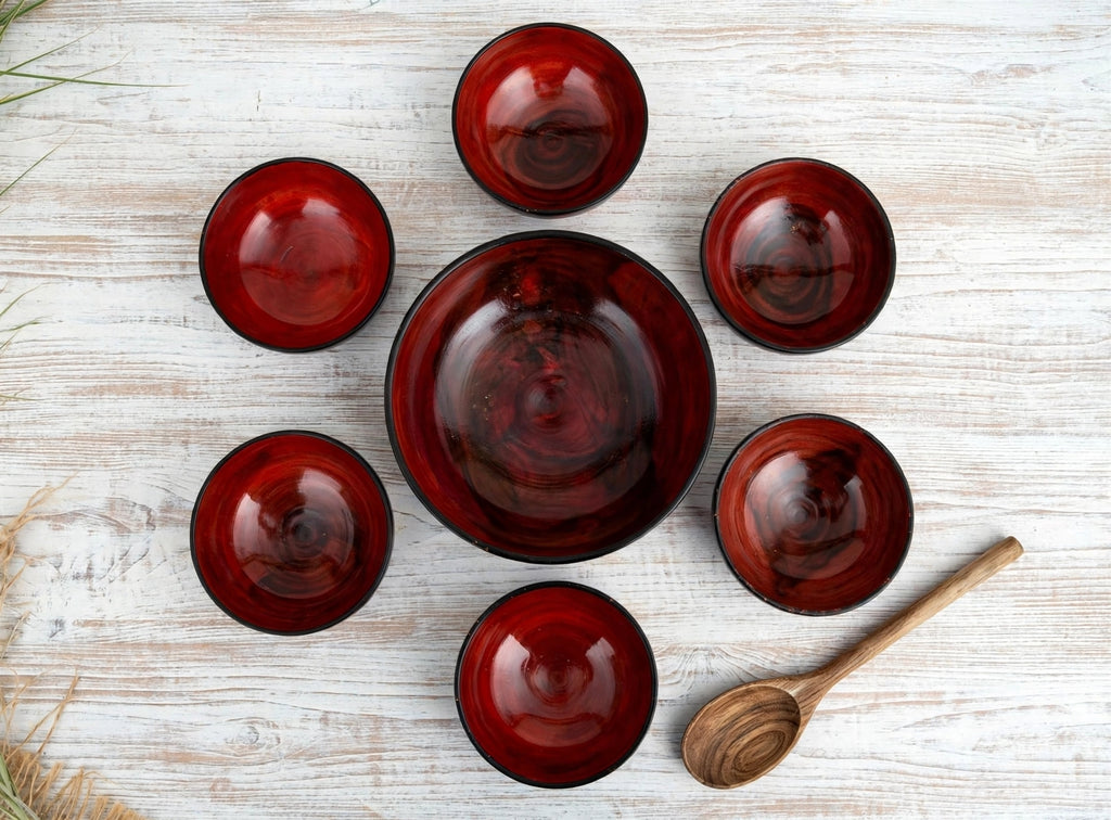 Red & Black Handmade Wooden Bowl Set - 7 Pcs