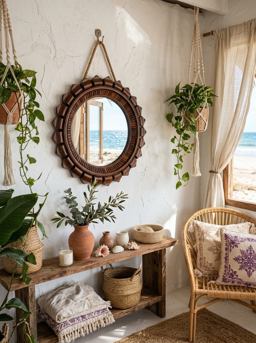 Handcrafted Sheesham Wood Round Sunburst Wall Mirror | Boho Decor