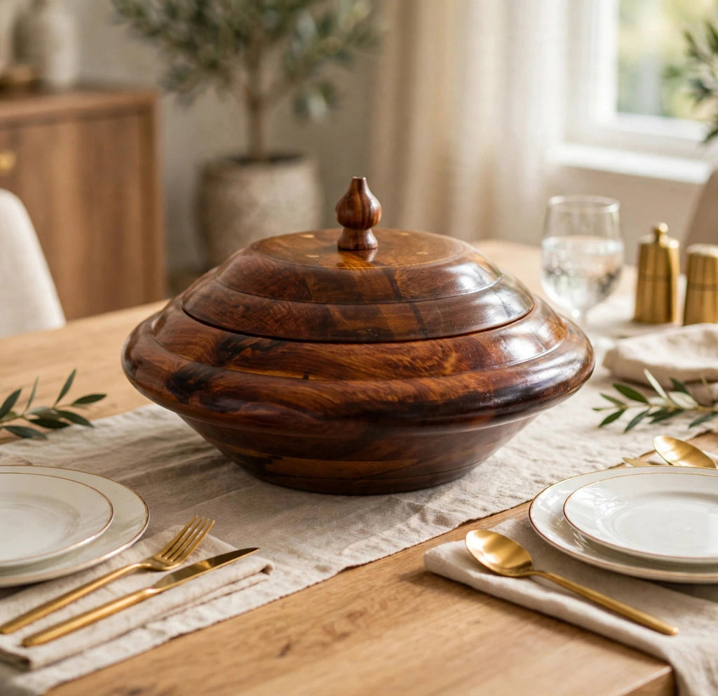 Coastal Noir - Handcrafted Wooden Hot Pot with Lid | Serving Casserole