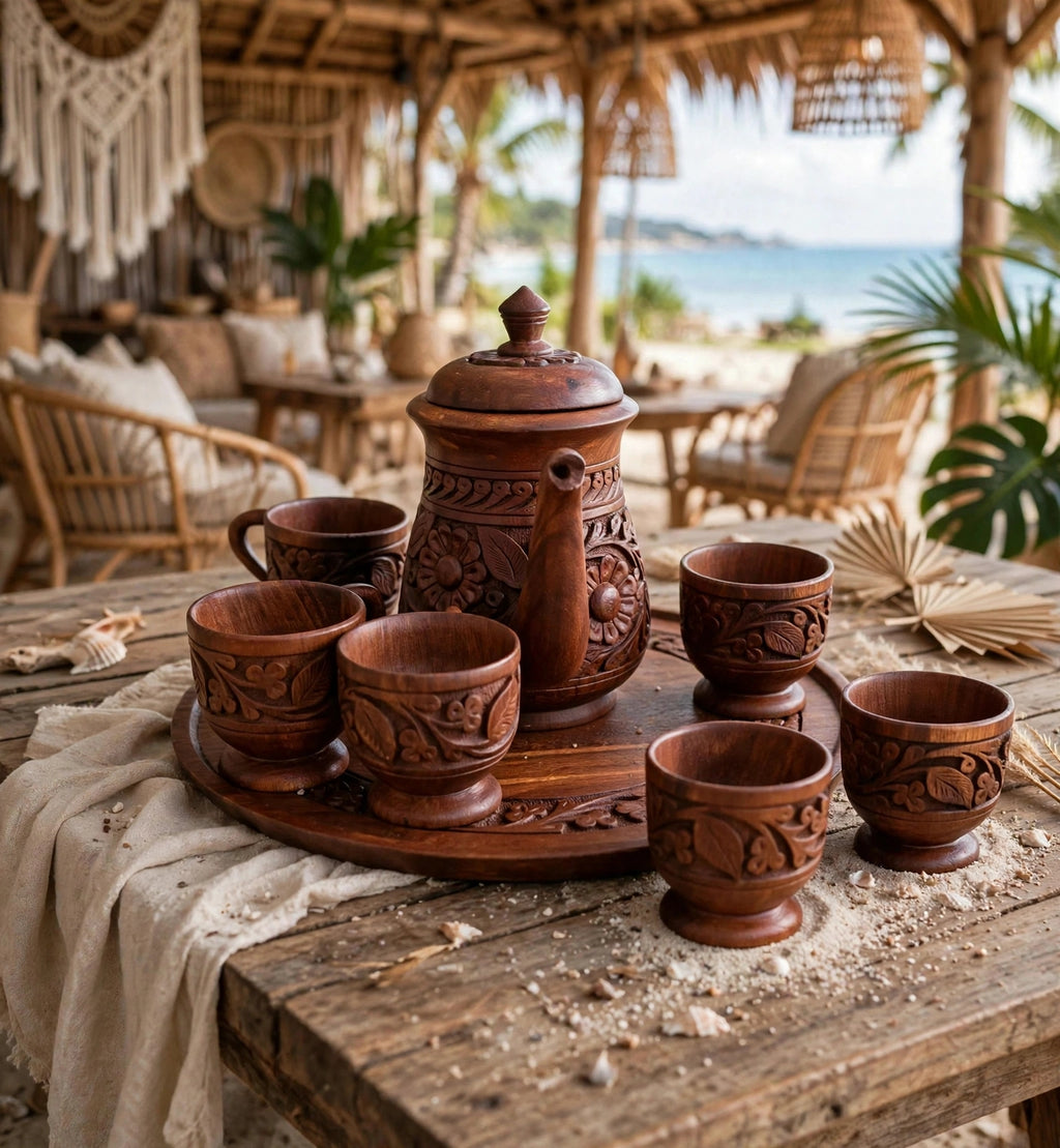 Hand-Carved Wooden Tea Set - 6 Cups, Kettle & Tray | Serving Set