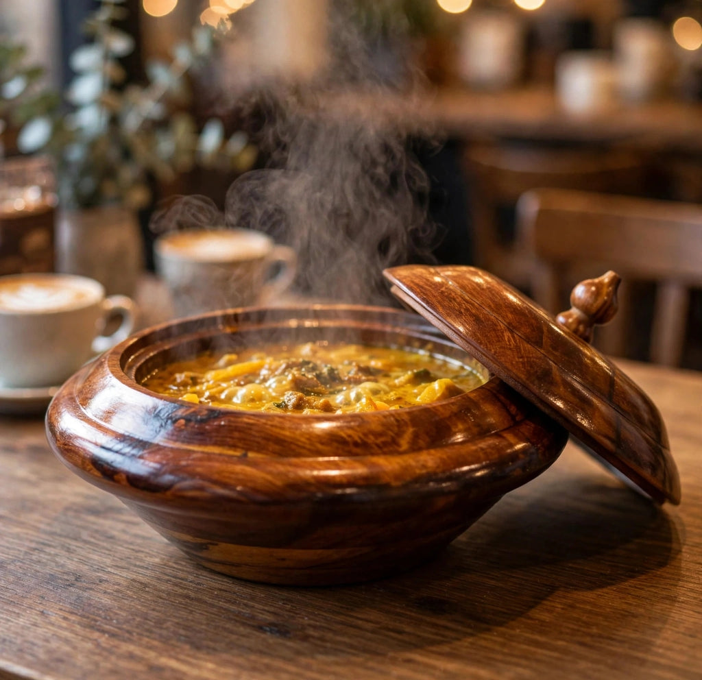 Coastal Noir - Handcrafted Wooden Hot Pot with Lid | Serving Casserole