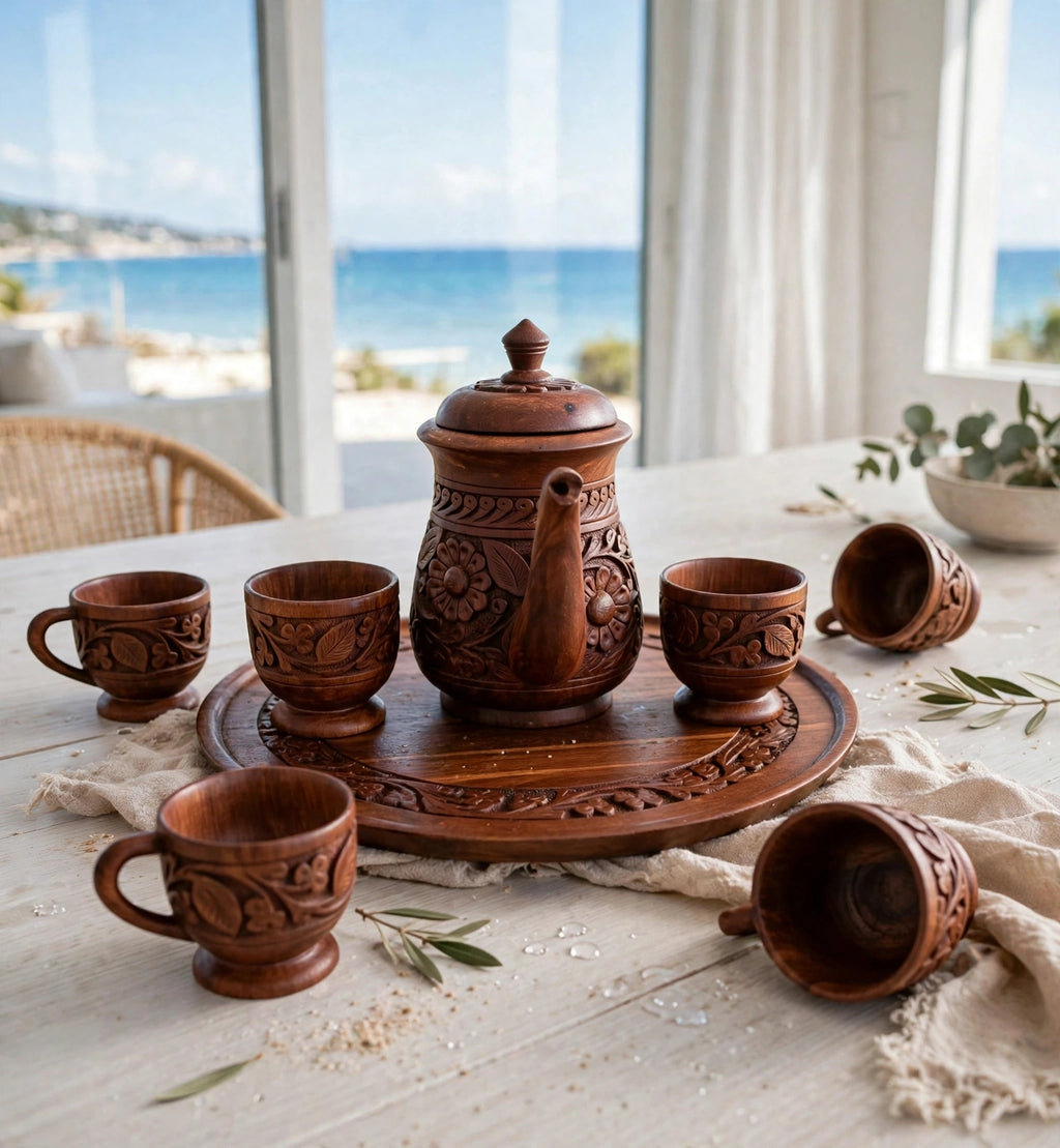 Hand-Carved Wooden Tea Set - 6 Cups, Kettle & Tray | Serving Set