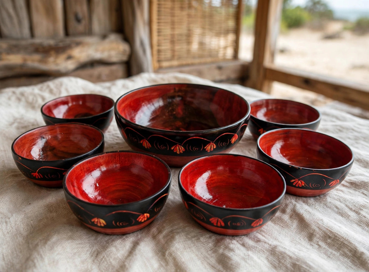 Red & Black Handmade Wooden Bowl Set - 7 Pcs