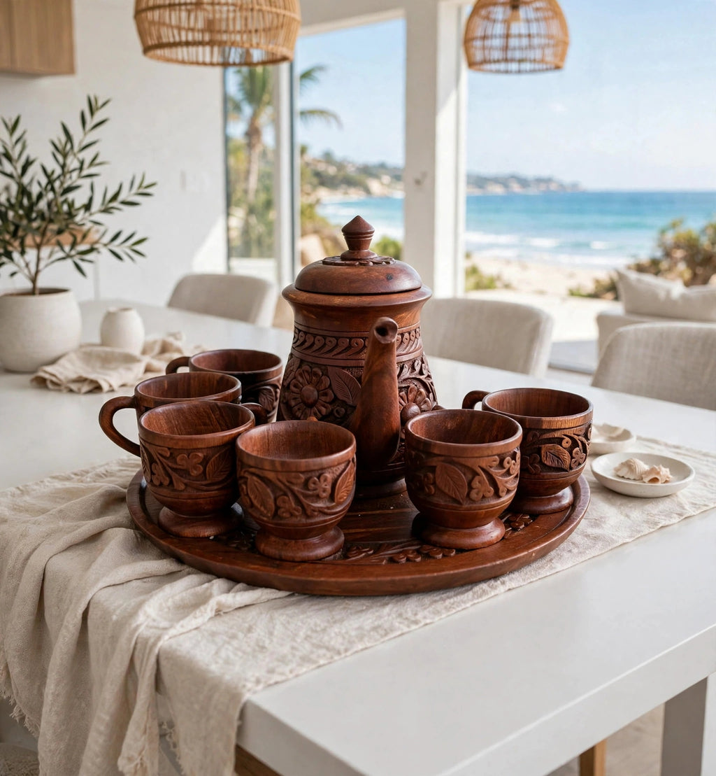 Hand-Carved Wooden Tea Set - 6 Cups, Kettle & Tray | Serving Set