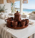 Hand-Carved Wooden Tea Set - 6 Cups, Kettle & Tray | Serving Set