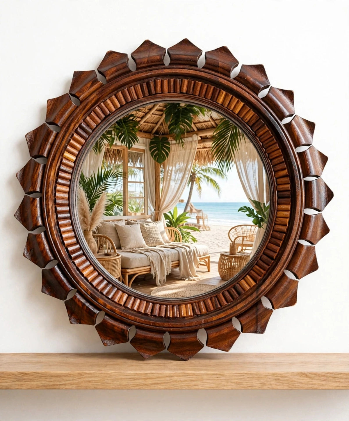 Handcrafted Sheesham Wood Round Sunburst Wall Mirror | Boho Decor