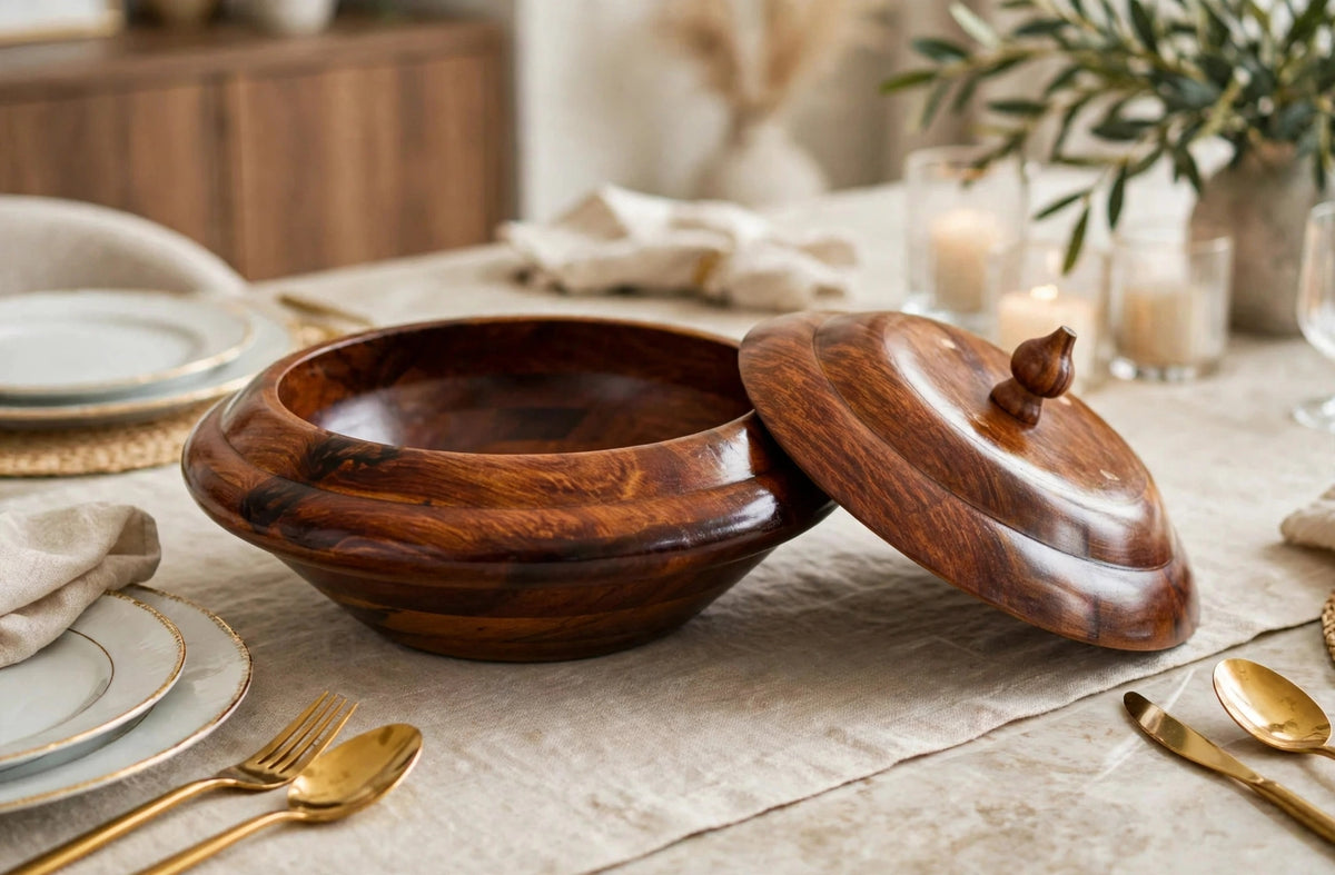 Coastal Noir - Handcrafted Wooden Hot Pot with Lid | Serving Casserole