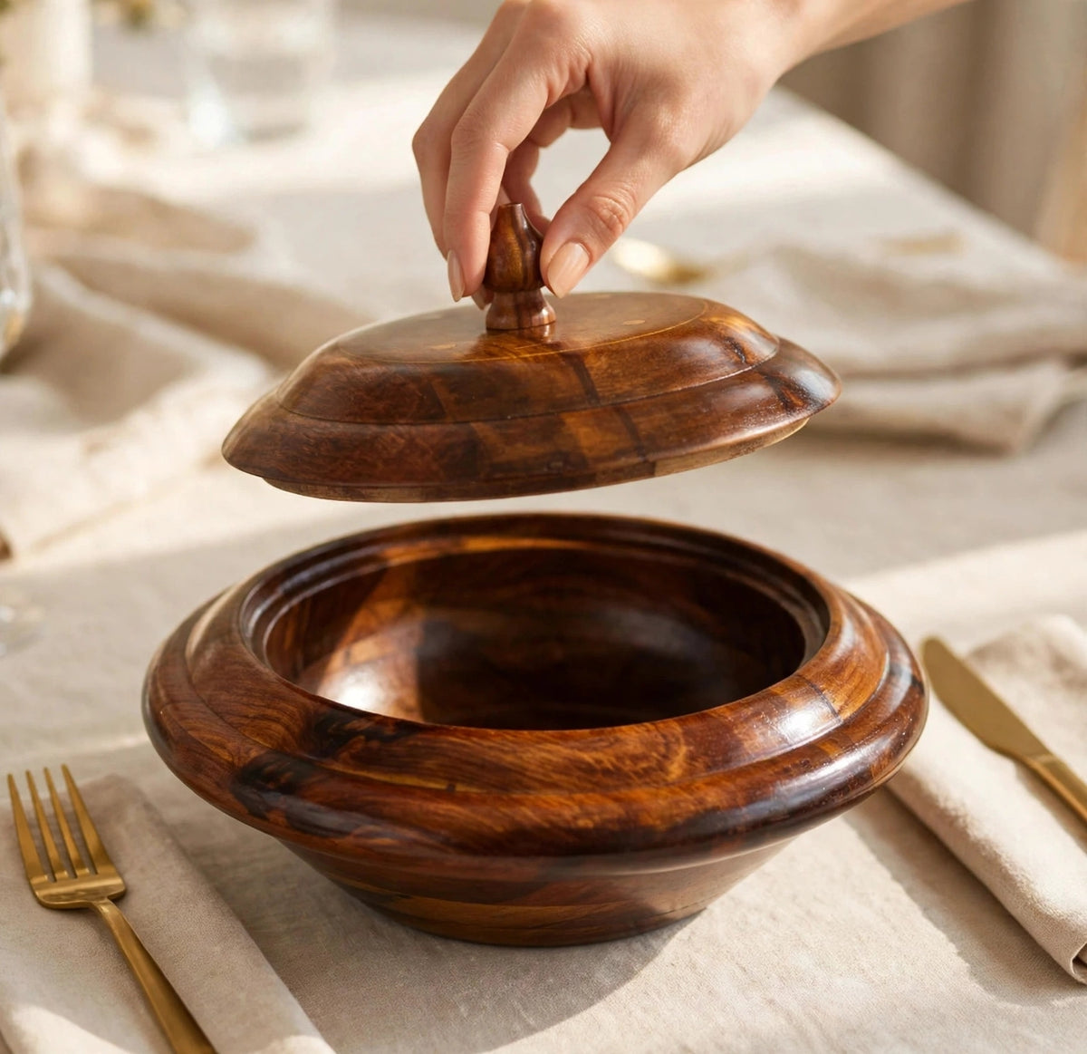 Coastal Noir - Handcrafted Wooden Hot Pot with Lid | Serving Casserole