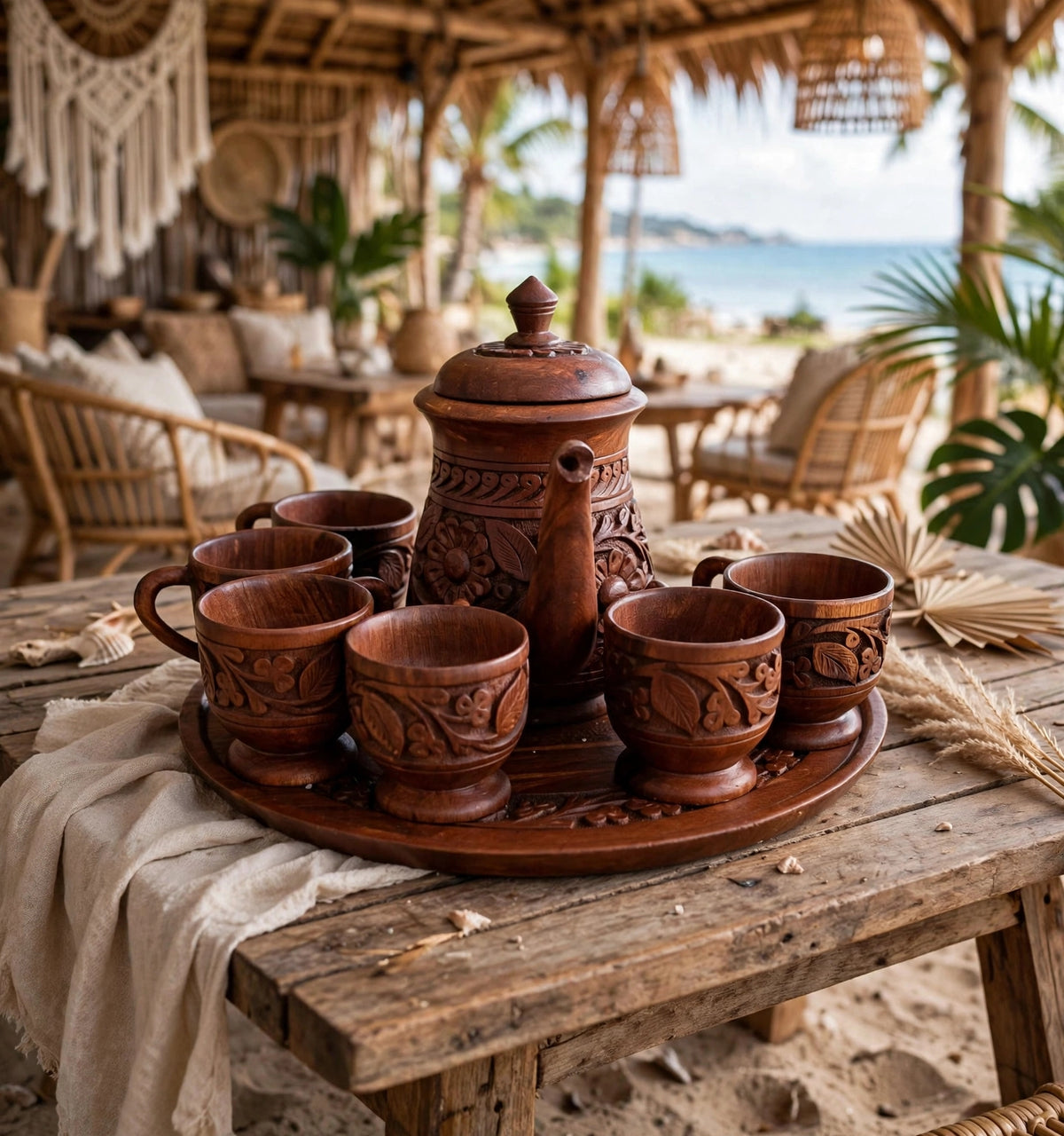 Hand-Carved Wooden Tea Set - 6 Cups, Kettle & Tray | Serving Set