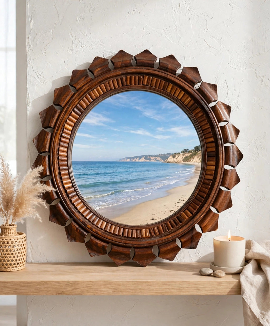 Handcrafted Sheesham Wood Round Sunburst Wall Mirror | Boho Decor